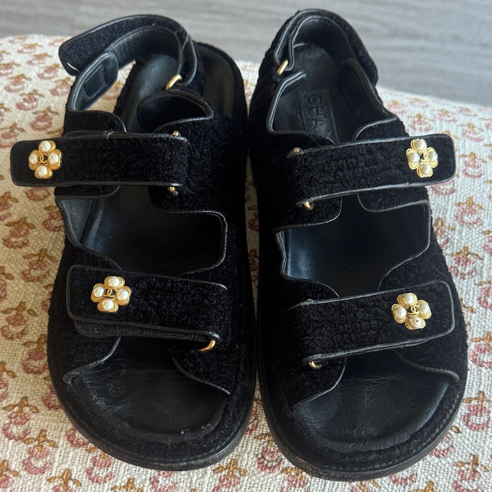CHANEL Black Velvet Dad Sandals (AUTHENTIC)